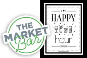The Market Bar logo with a flyer that says Happy Hour